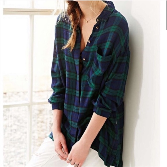 BDG Tops - BDG blue and green plaid flannel